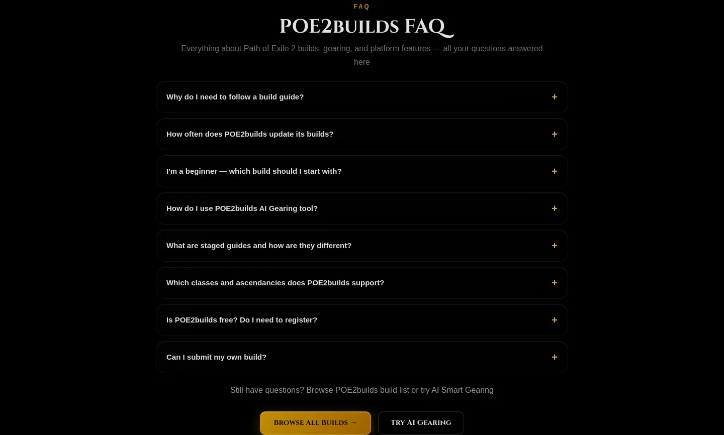 poe2builds.ai — a real FAQ section