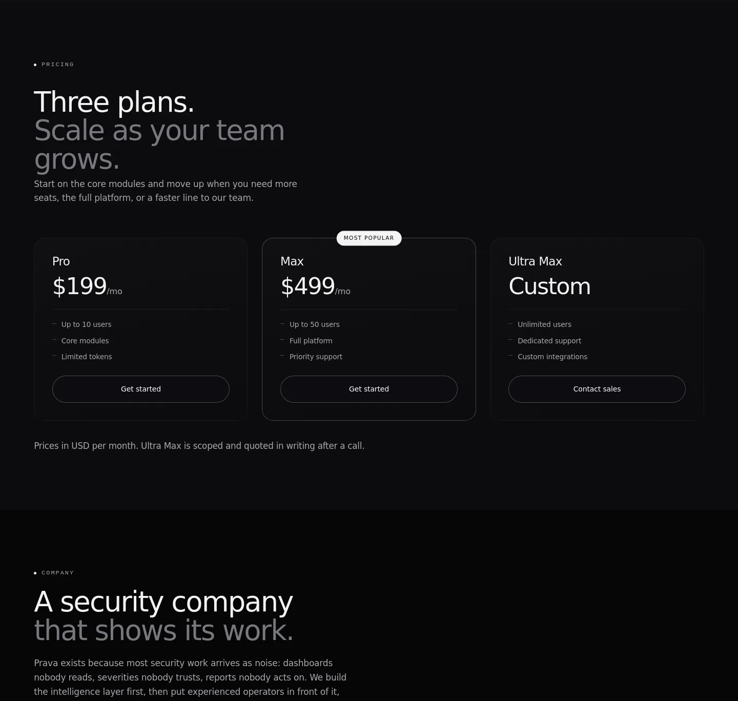 prava.dev — a real Pricing section