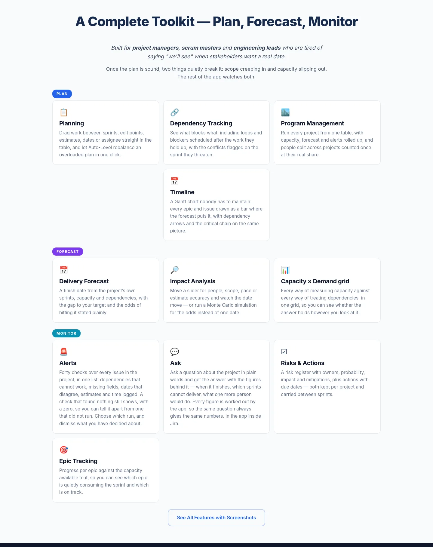 projectcommander.app — a real Features section