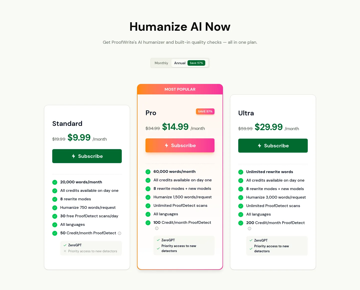 proofwrite.ai Pricing section