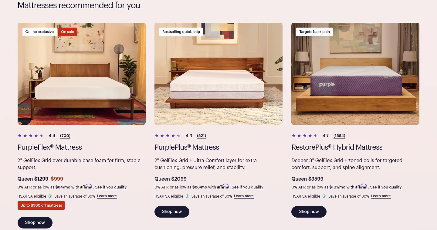 purple.com Pricing section