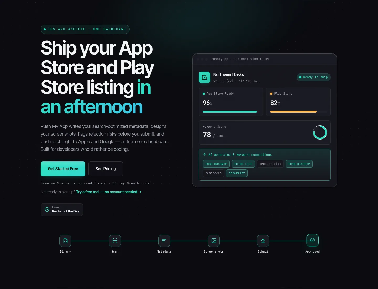pushmyapp.ai — a real Hero section
