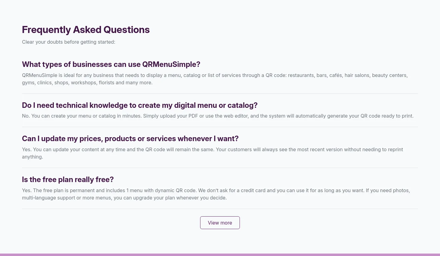 qrmenusimple.com — a real FAQ section