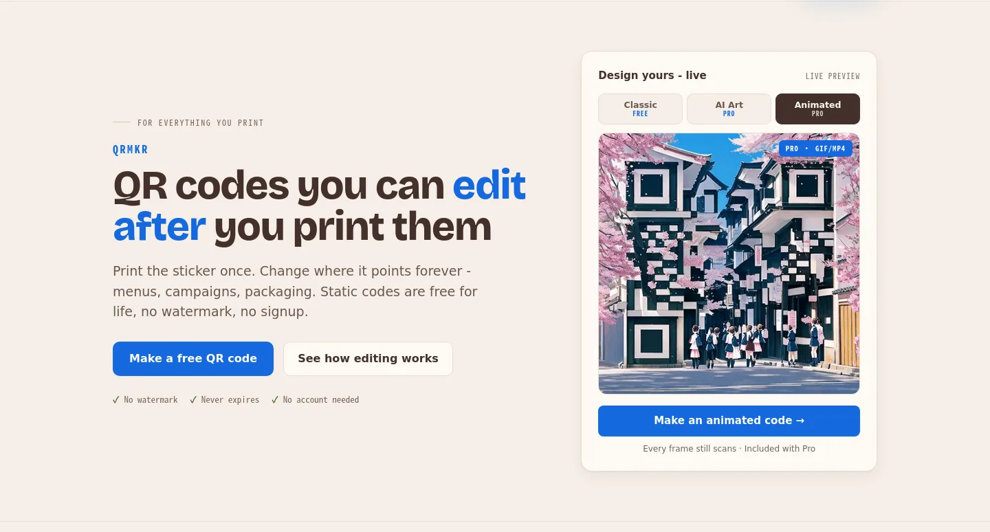 qrmkr.io — a real Hero section