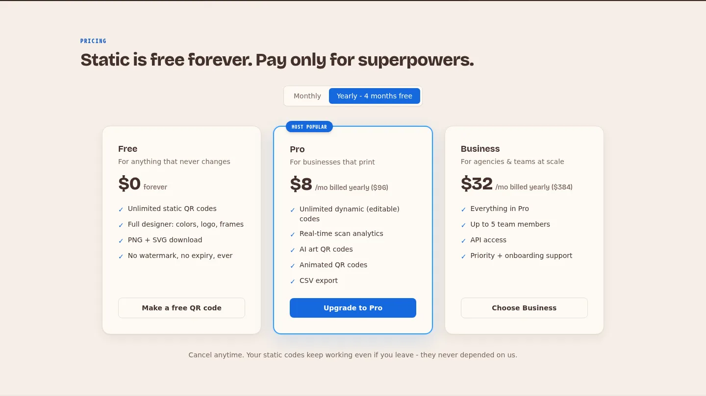 qrmkr.io — a real Pricing section