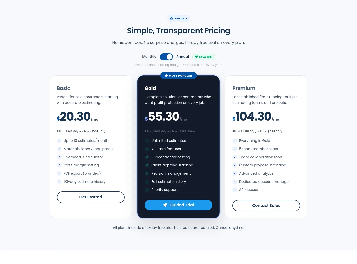 quickestimate.io Pricing section