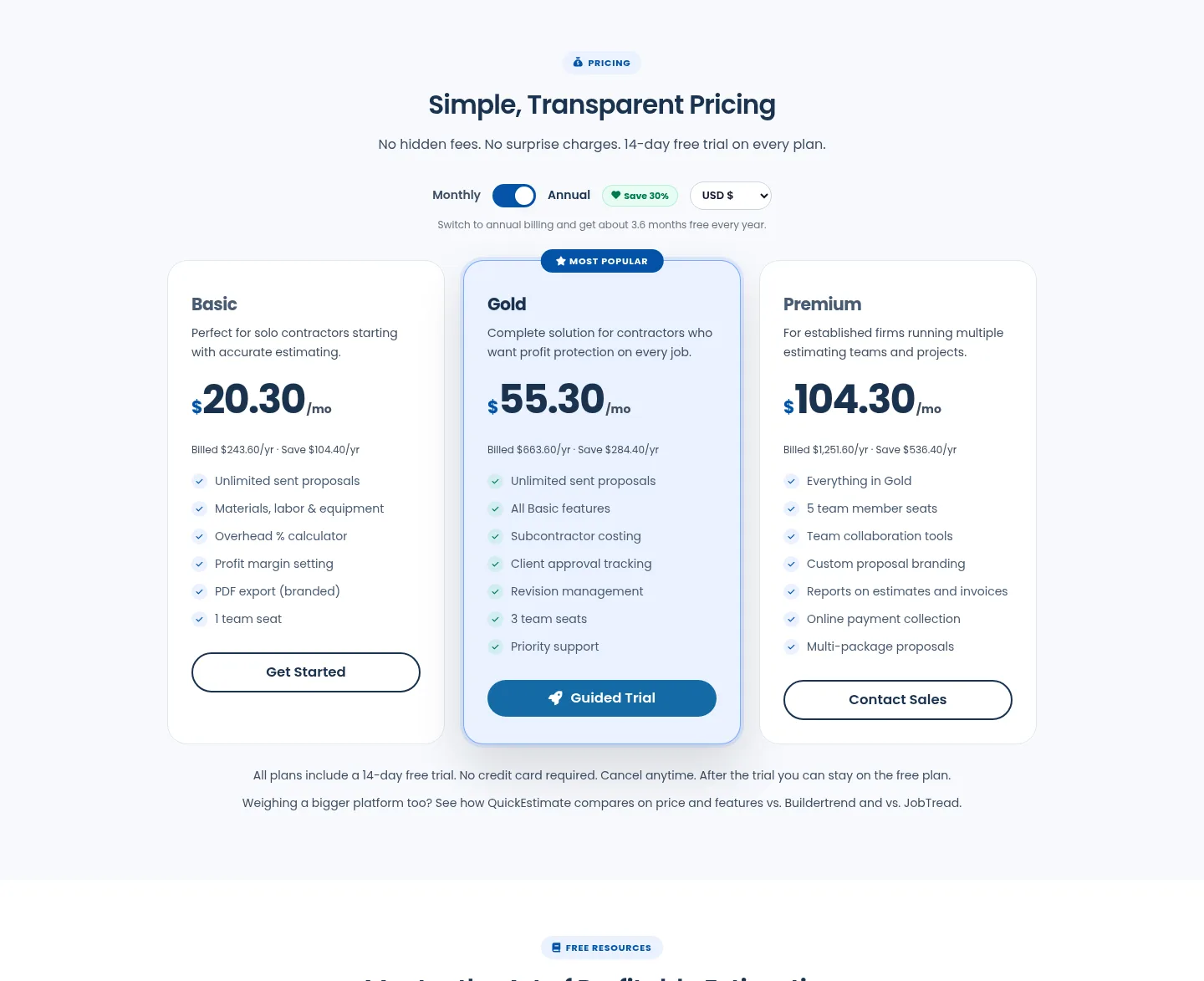 quickestimate.io — a real Pricing section