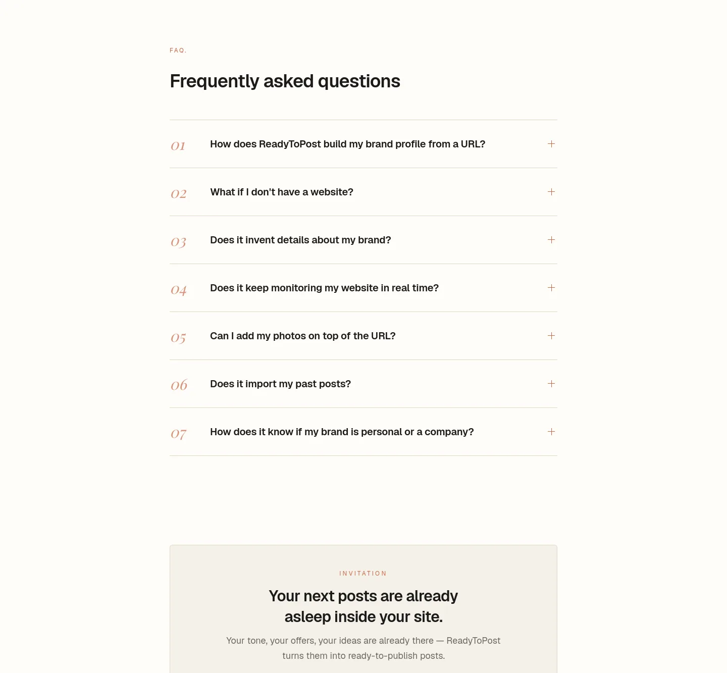 readytopost.ai — a real FAQ section