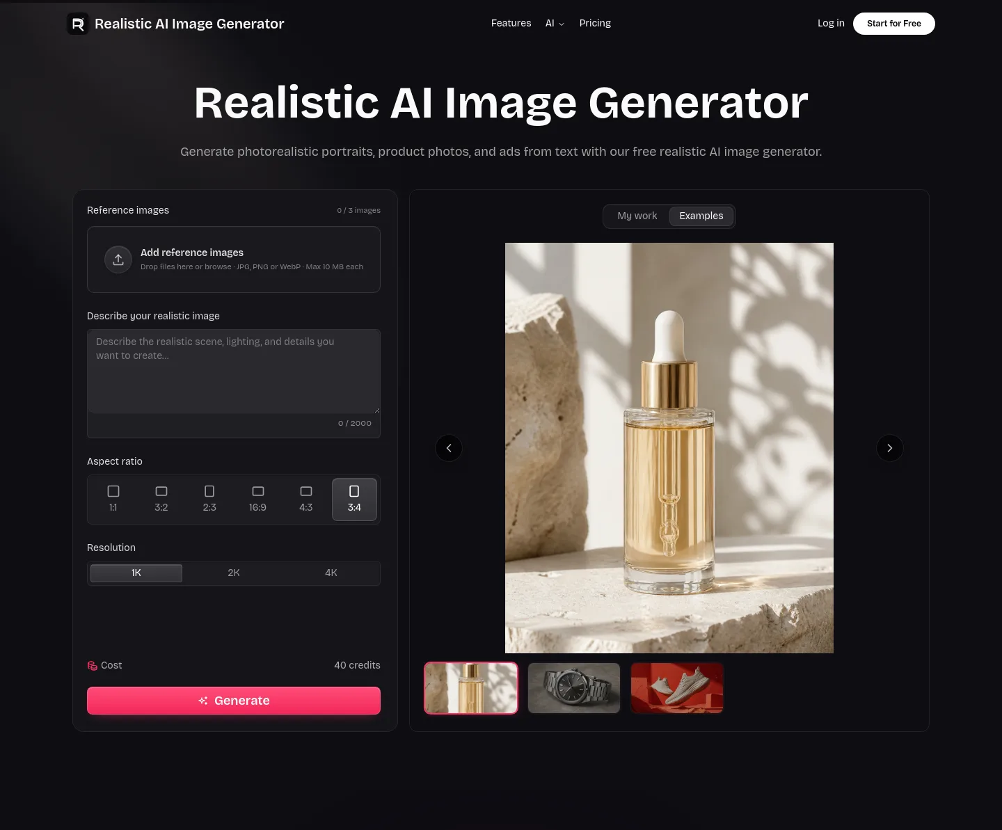 realisticaiimagegenerator.online — a real Hero section
