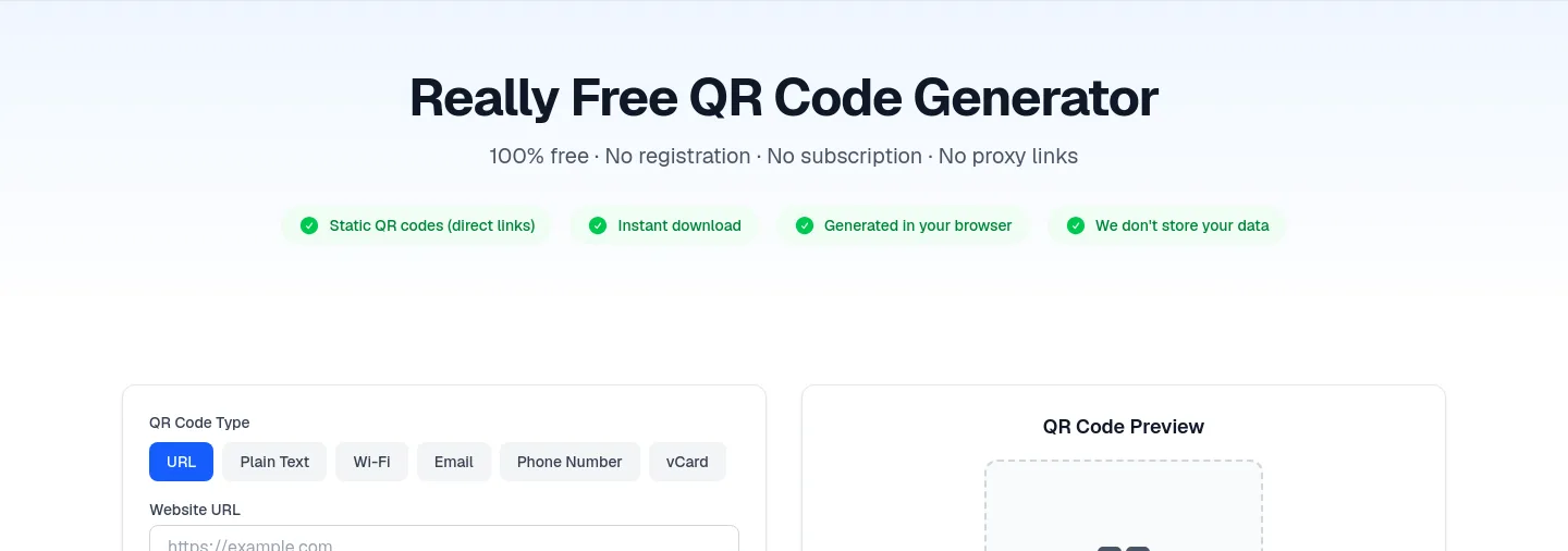 really-free-qr-code-generator.com — a real Hero section