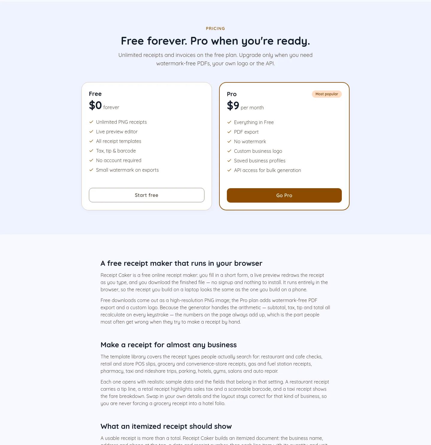 receiptcaker.com Pricing section