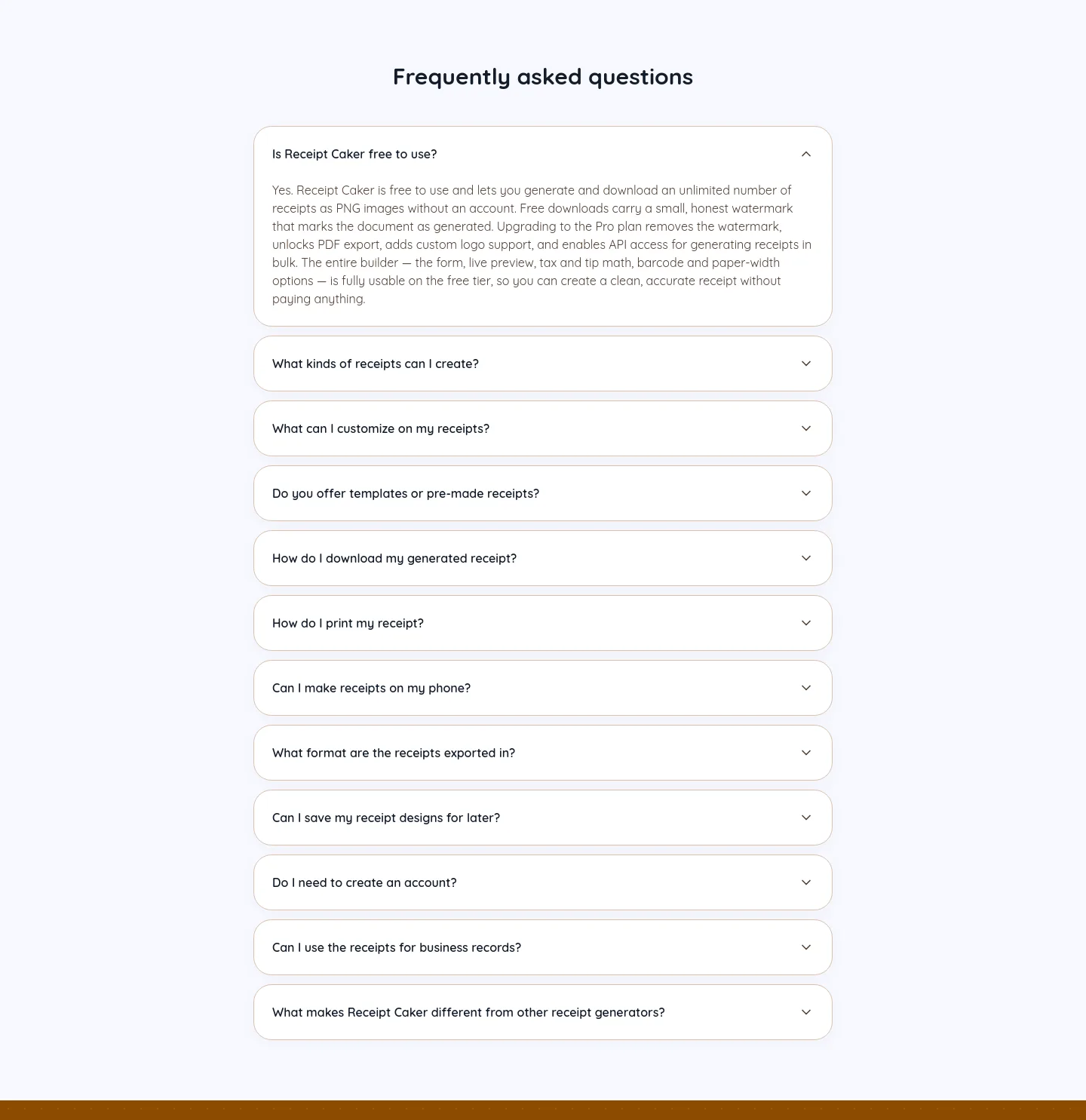 receiptcaker.com — a real FAQ section