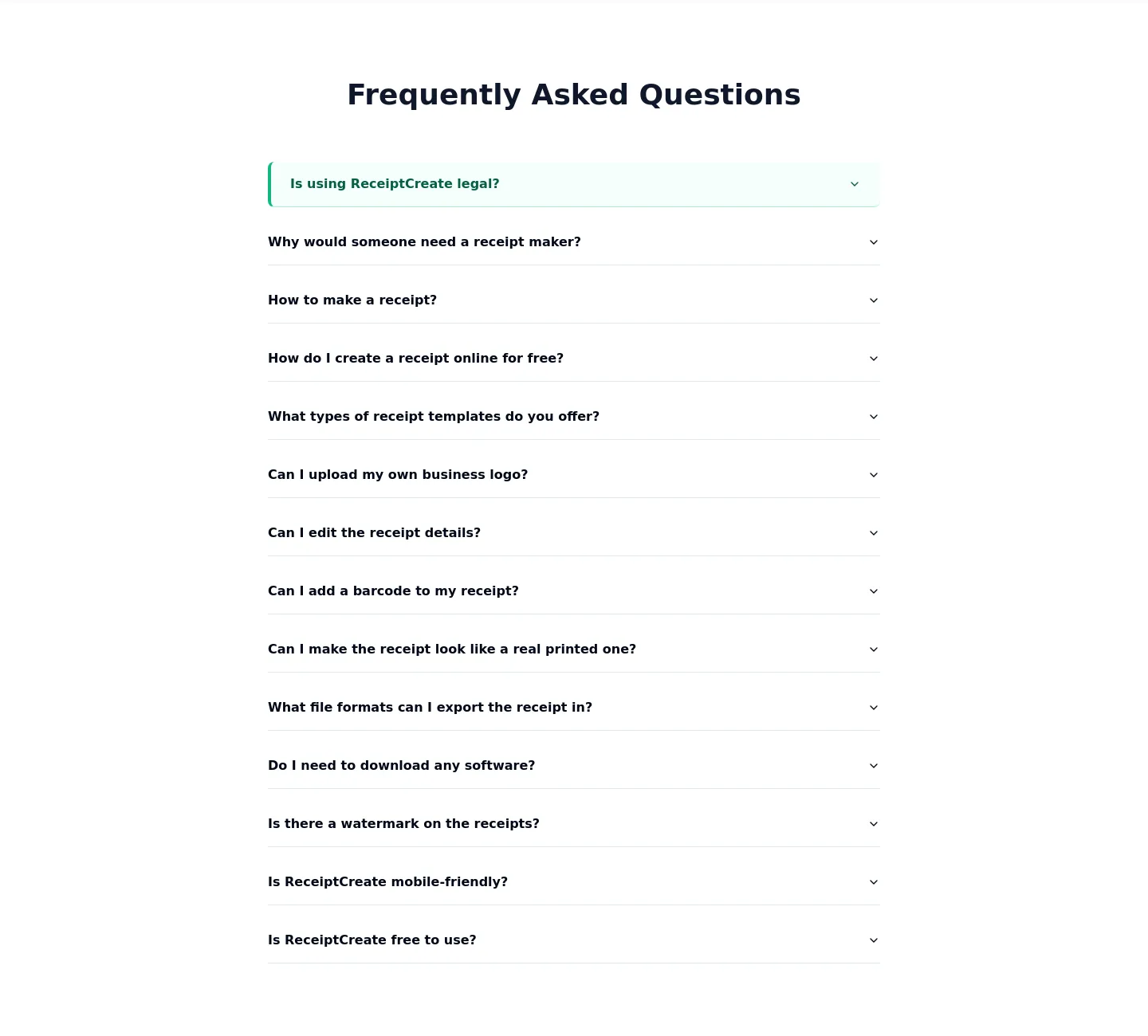 receiptcreate.com — a real FAQ section