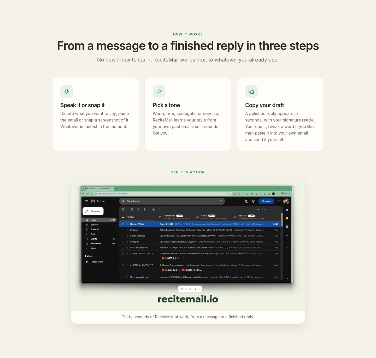 recitemail.io — a real Features section