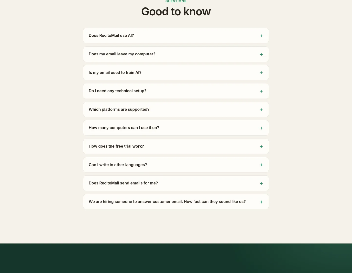 recitemail.io — a real FAQ section