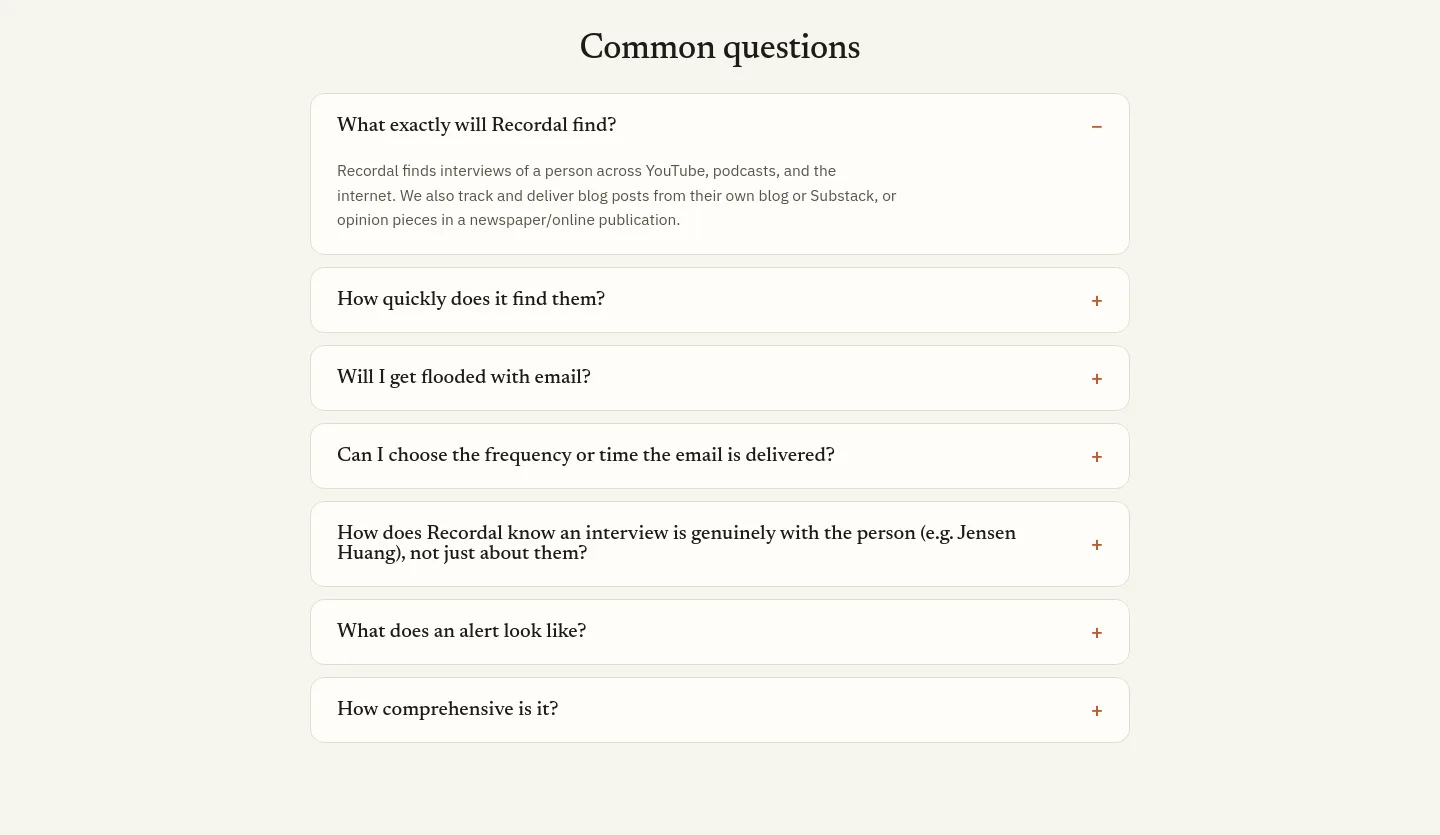 recordal.app — a real FAQ section