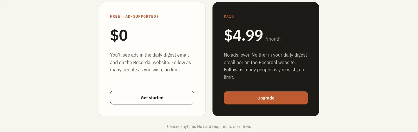 recordal.app — a real Pricing section