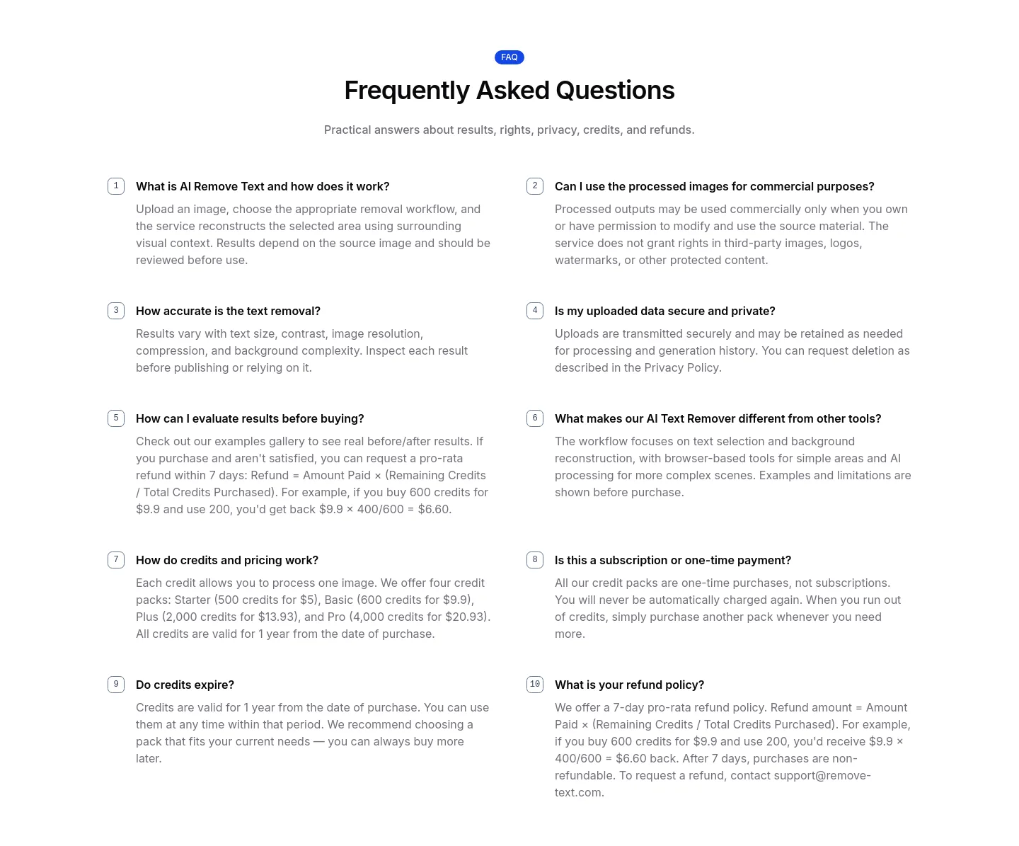 remove-text.com — a real FAQ section