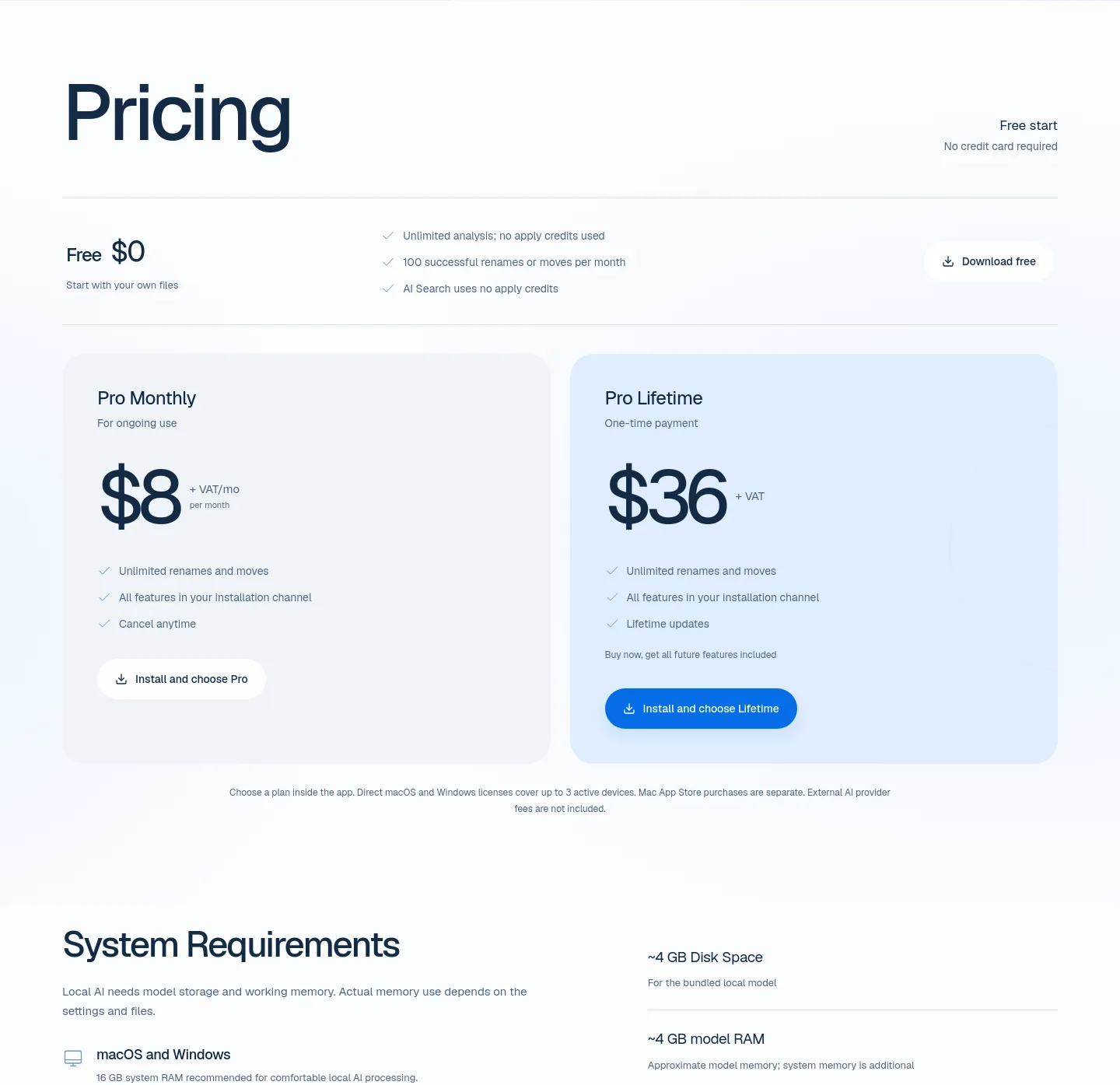 rename.click Pricing section