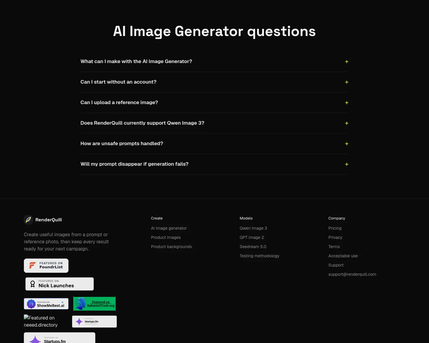 renderquill.com — a real FAQ section