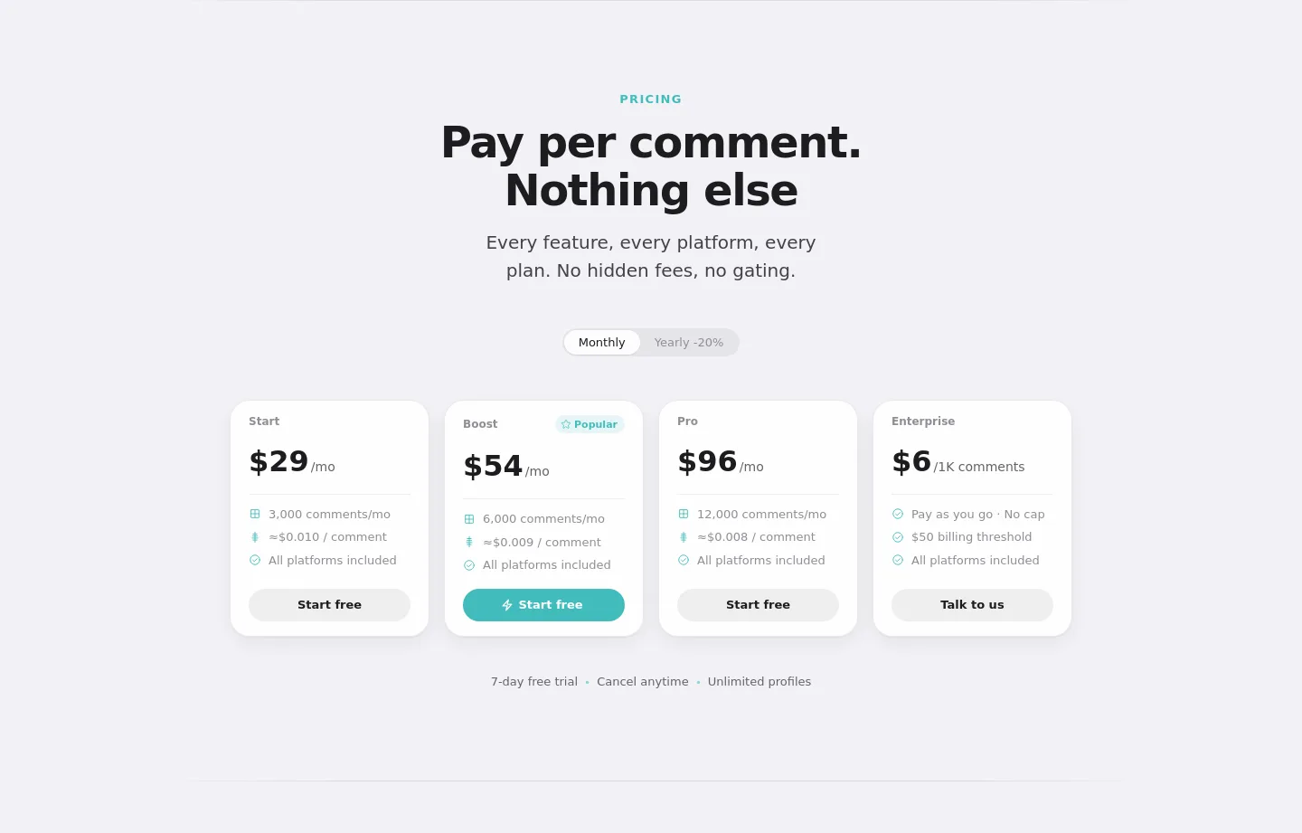 reply200.com Pricing section