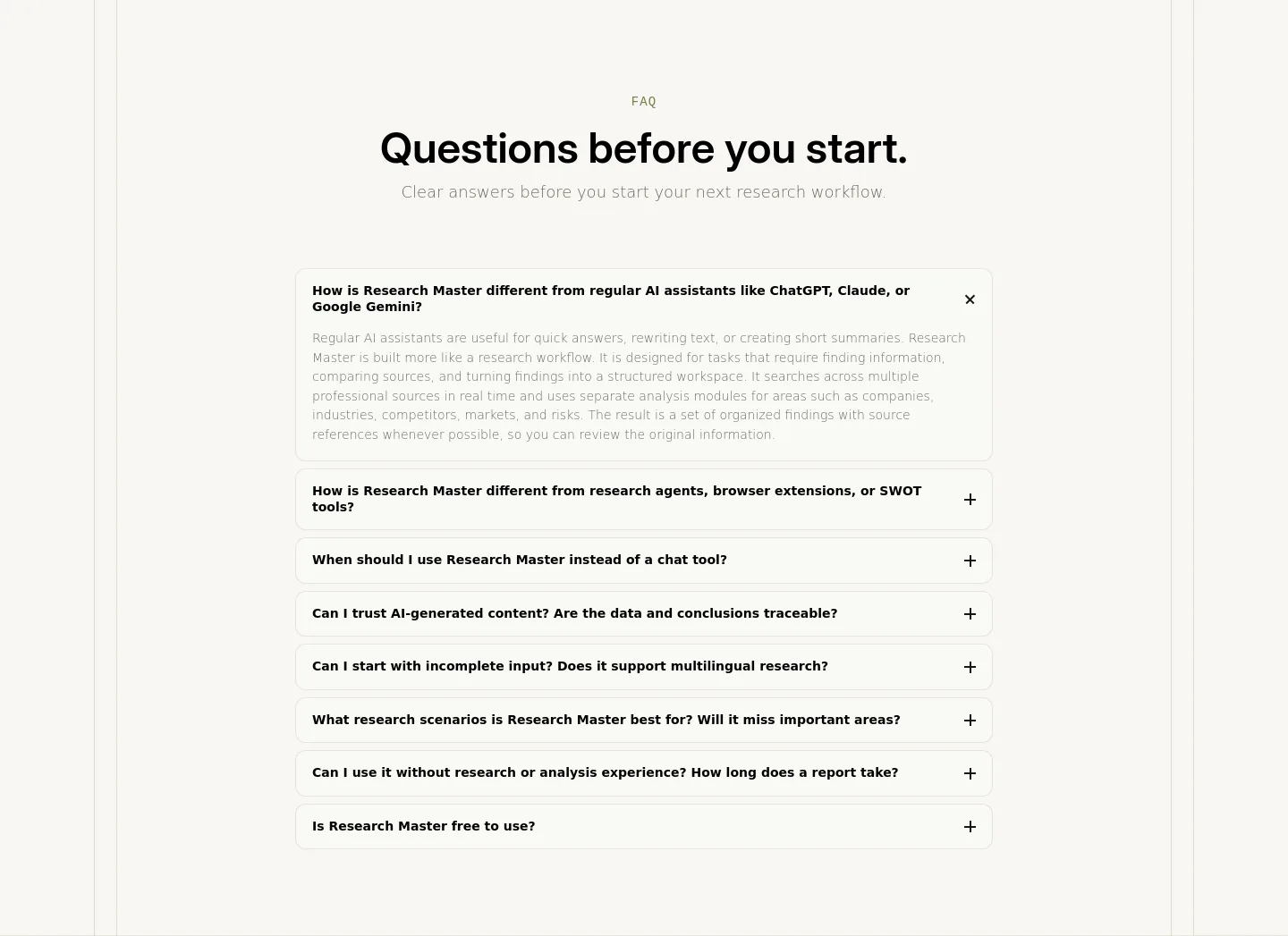 researchmaster.ai — a real FAQ section