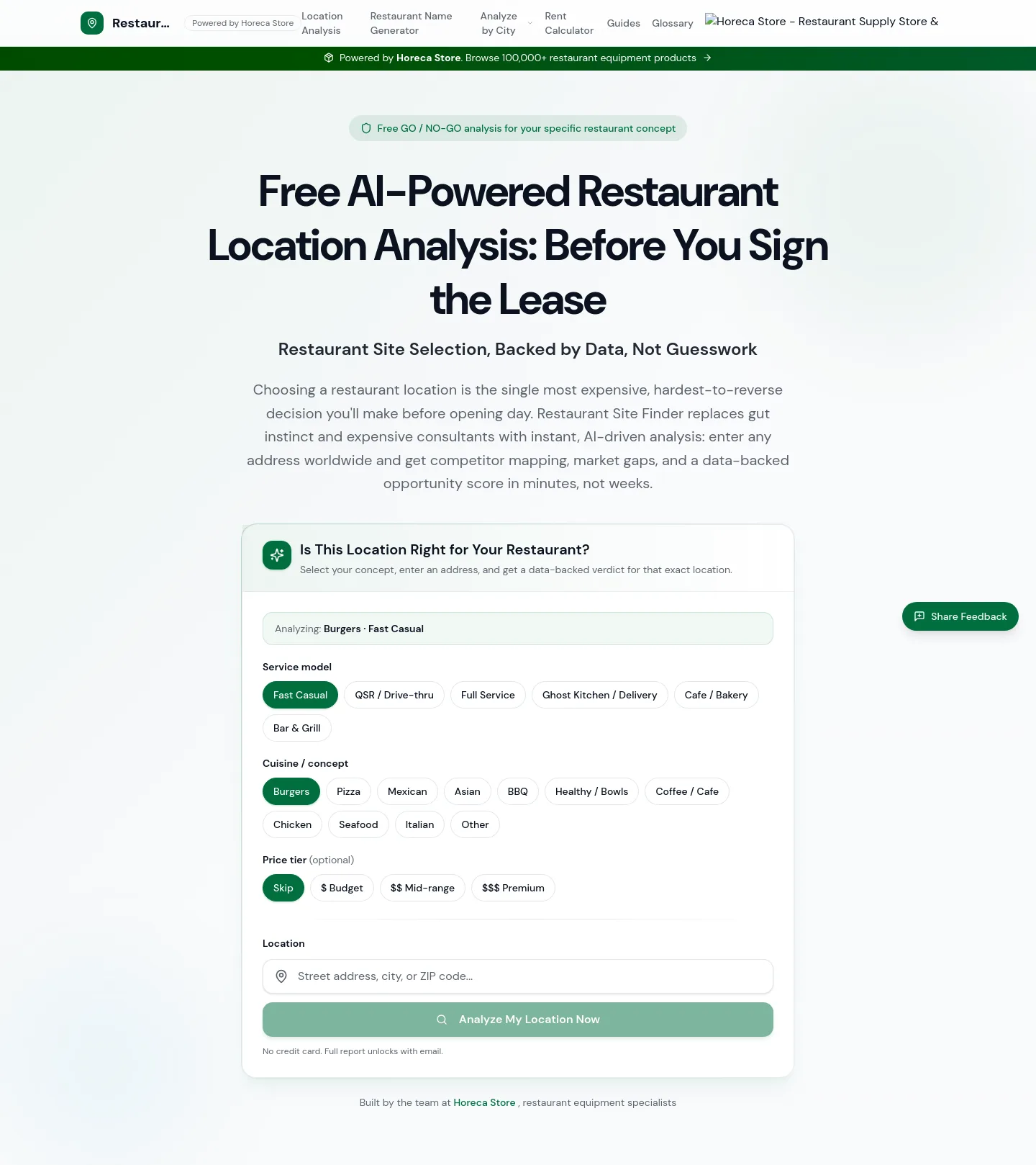 restaurantsitefinder.com — a real Hero section