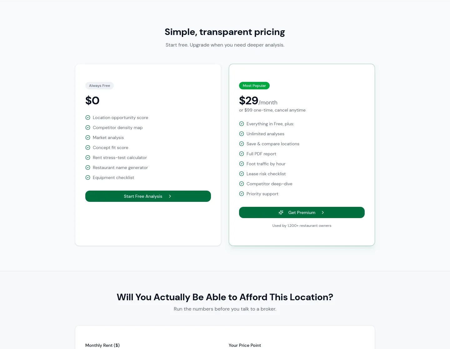 restaurantsitefinder.com — a real Pricing section
