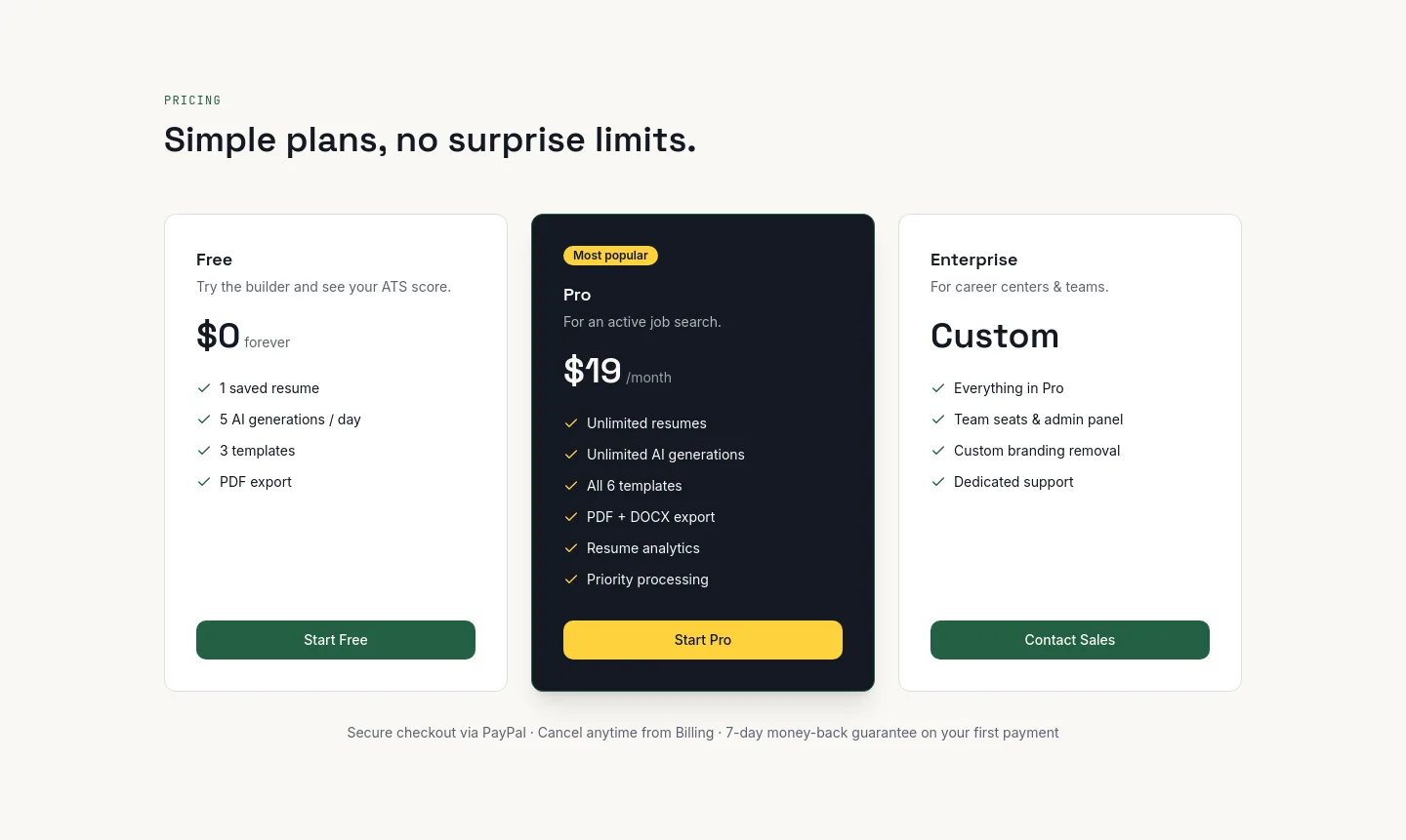 resumakeai.com Pricing section