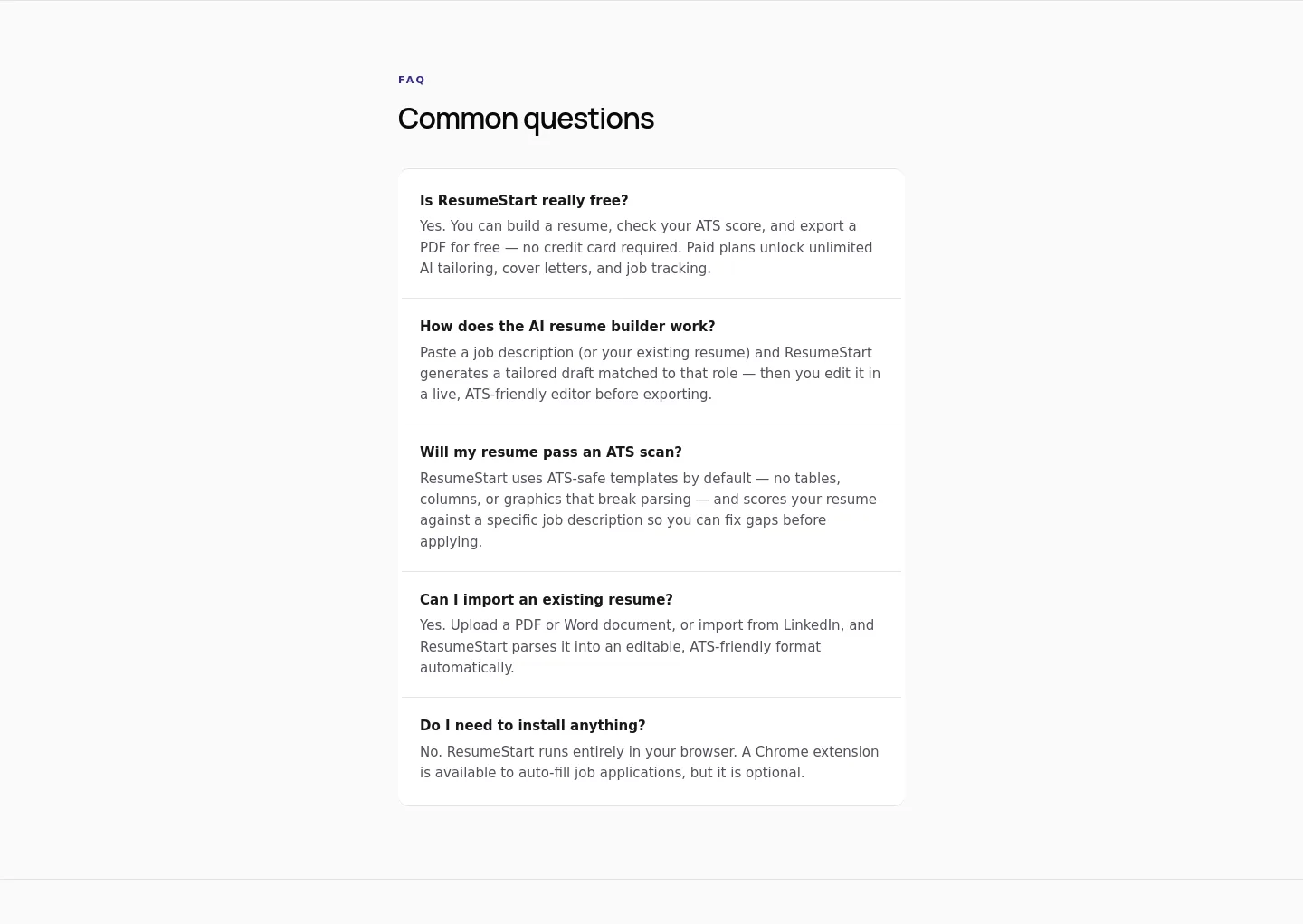 resumestart.ai FAQ section