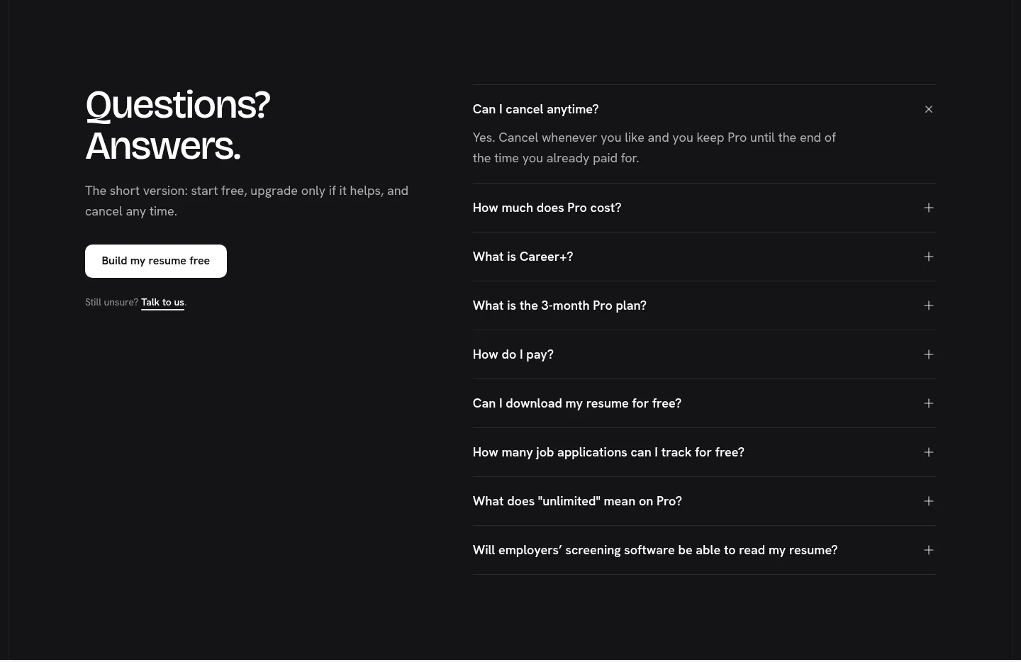 resumestart.ai — a real FAQ section