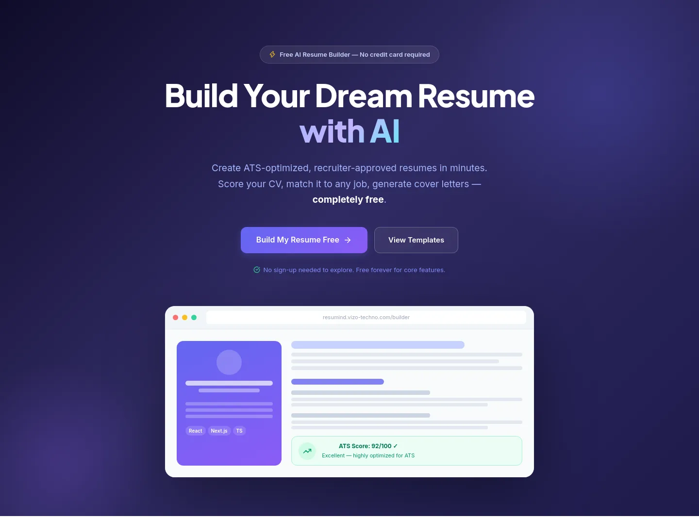 resumind.vizo-techno.com — a real Hero section