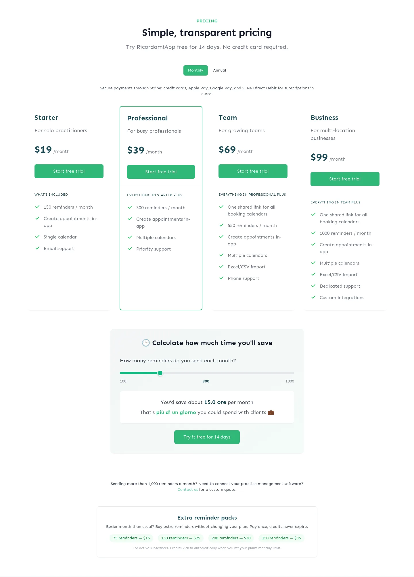 ricordamiapp.com Pricing section