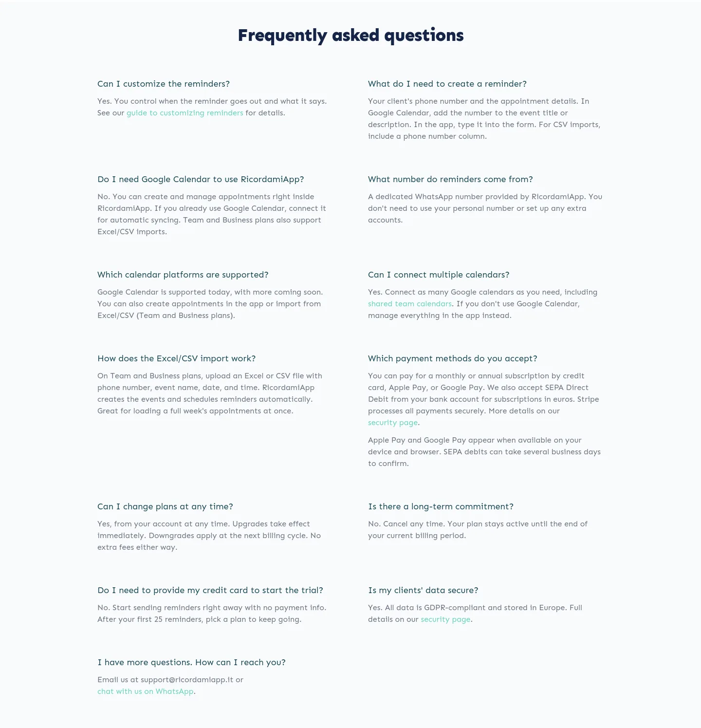 ricordamiapp.com FAQ section