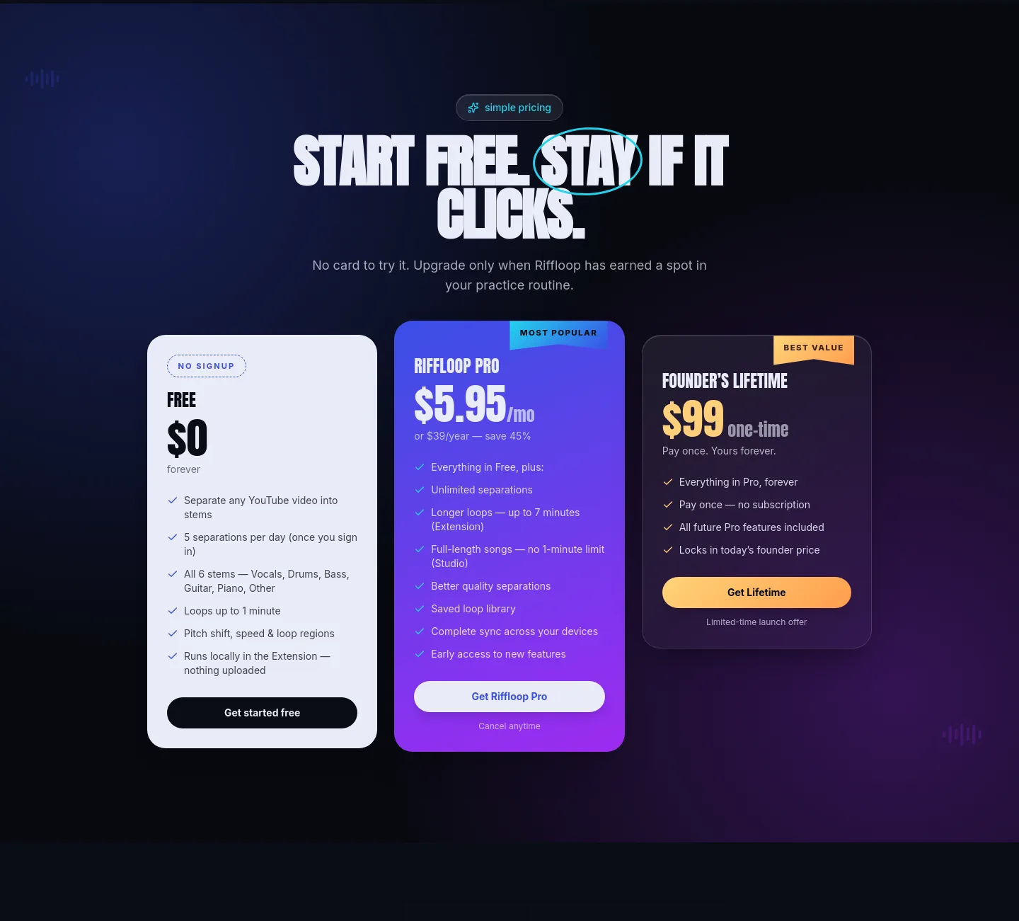 riffloop.app — a real Pricing section