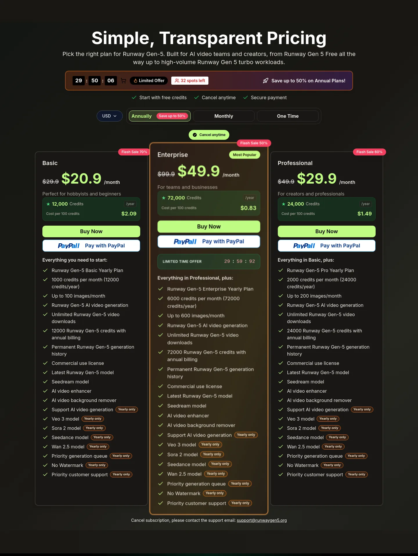 runwaygen5.org Pricing section