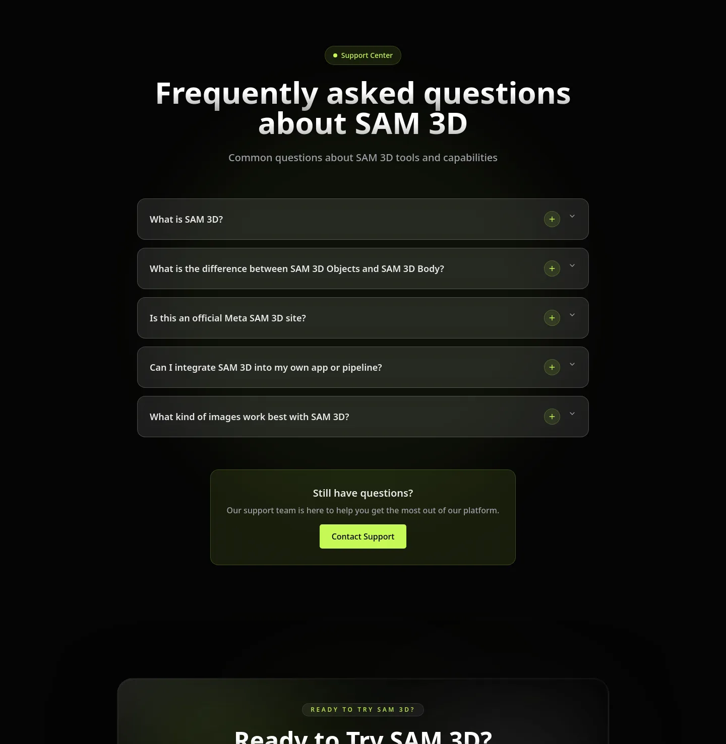 sam-3d.com — a real FAQ section