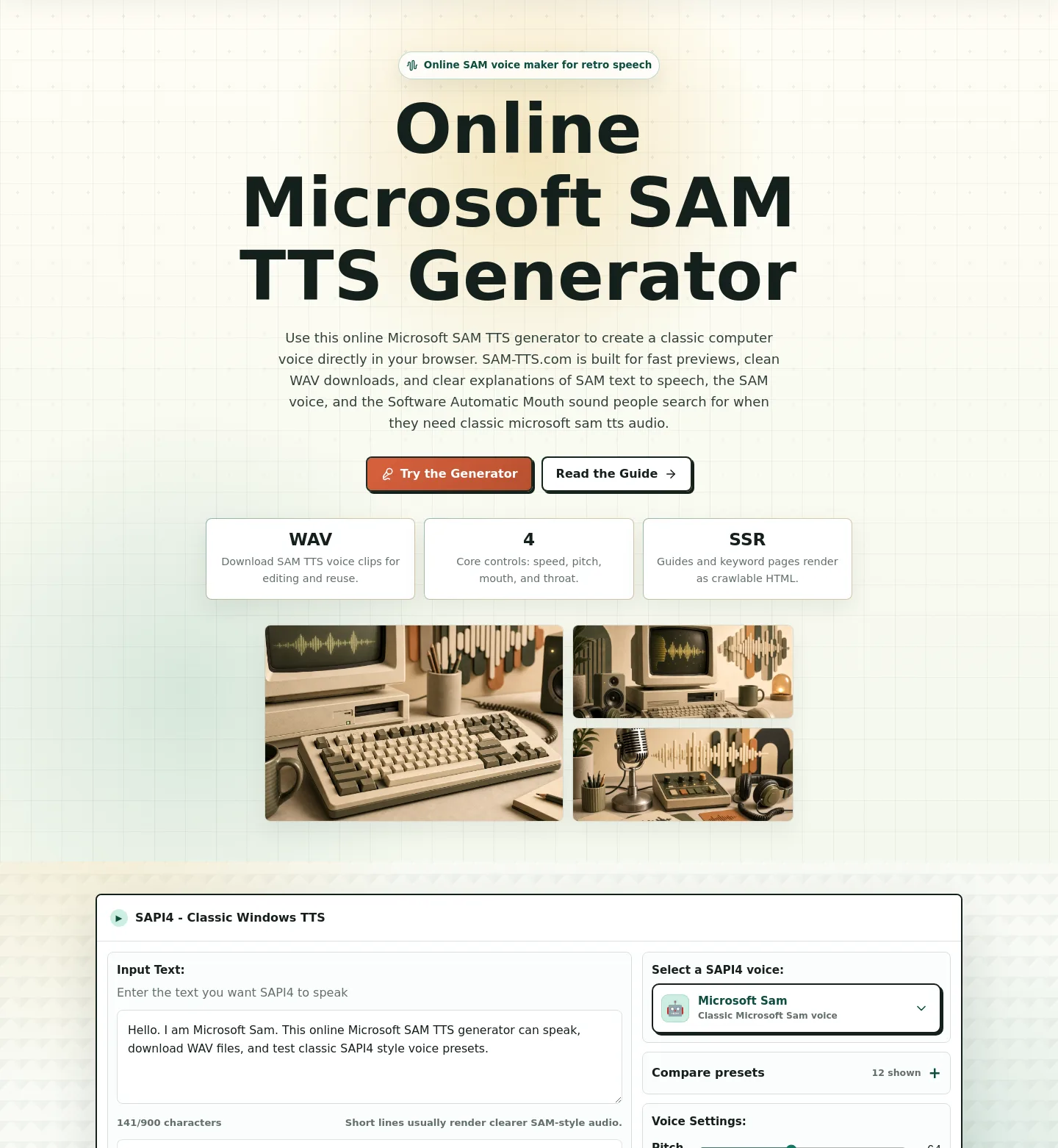 sam-tts.com — a real Hero section