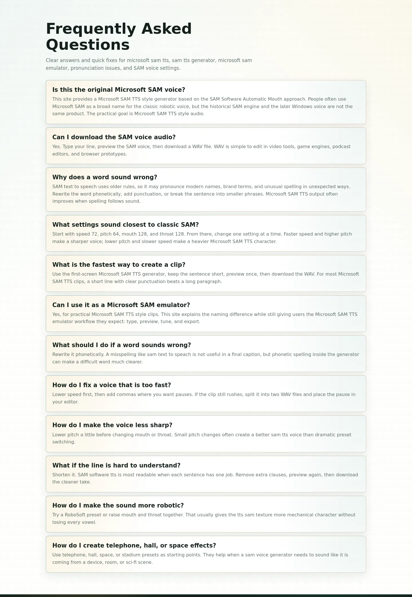 sam-tts.com — a real FAQ section