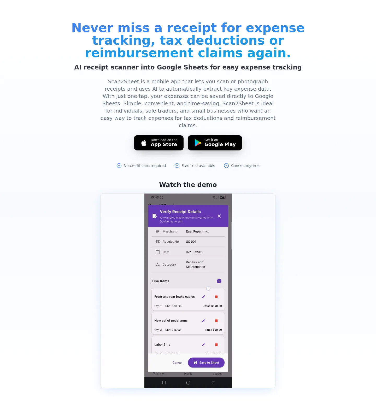 scan2sheet.com — a real Hero section