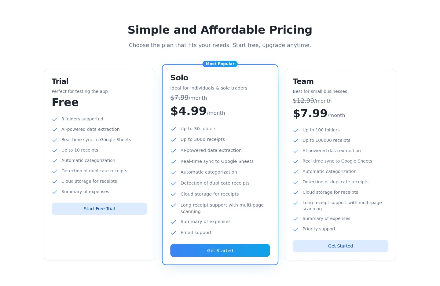 scan2sheet.com — a real Pricing section