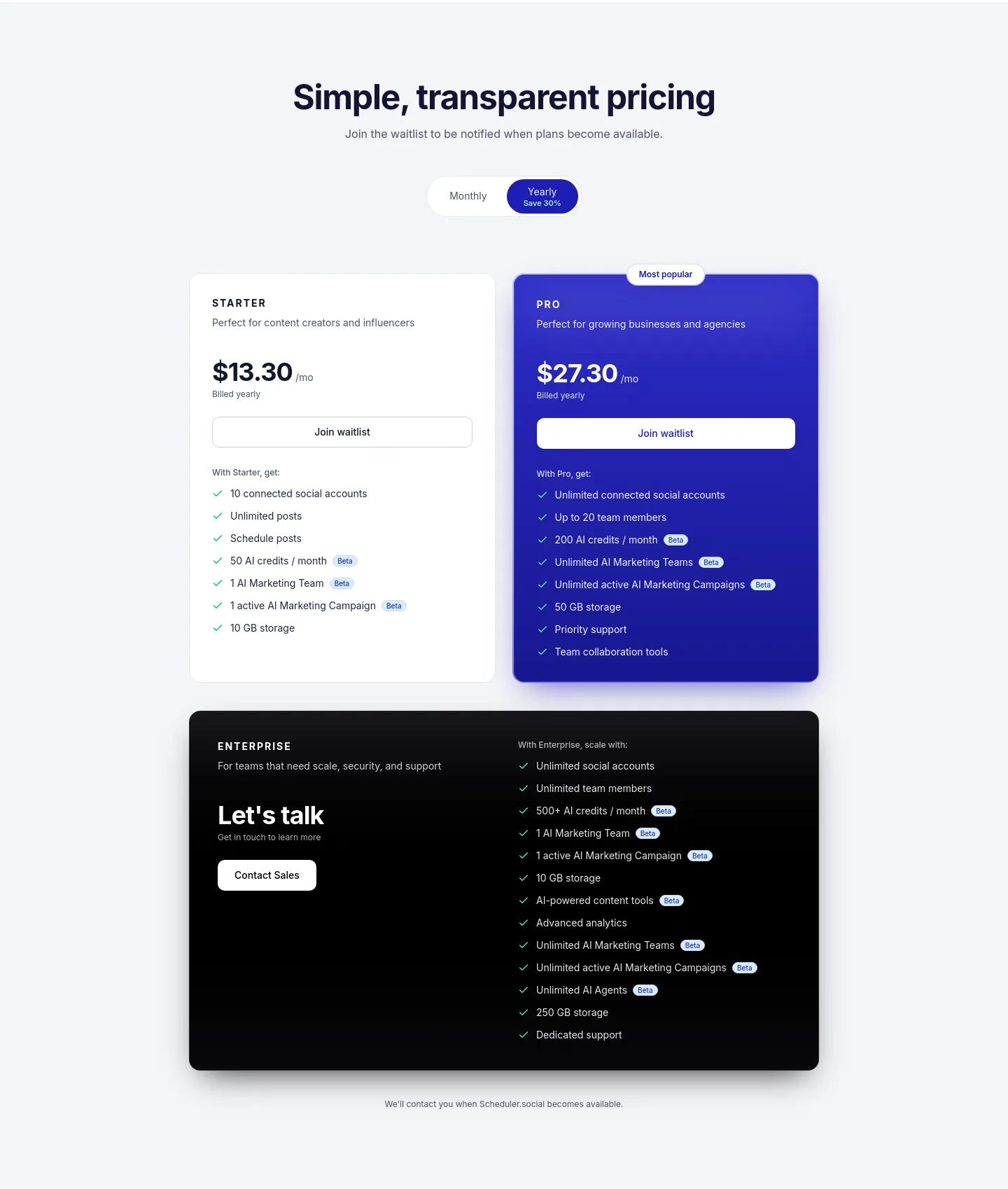 scheduler.social — a real Pricing section