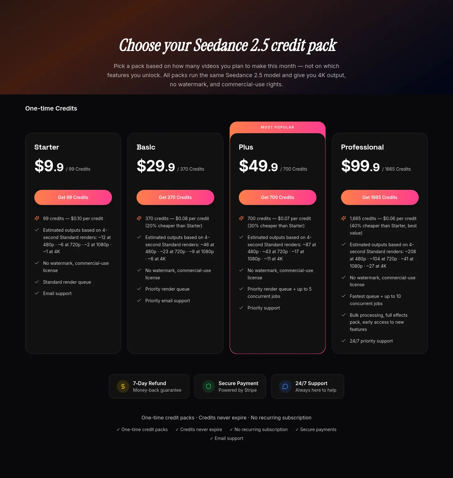 seedance25.tools Pricing section