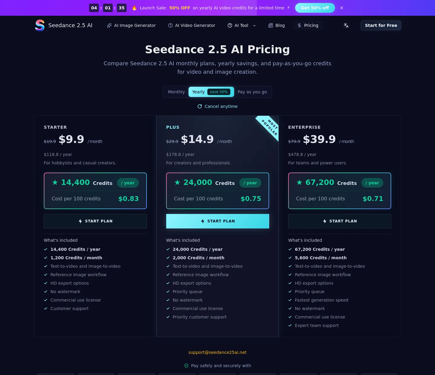 seedance25ai.net Pricing section