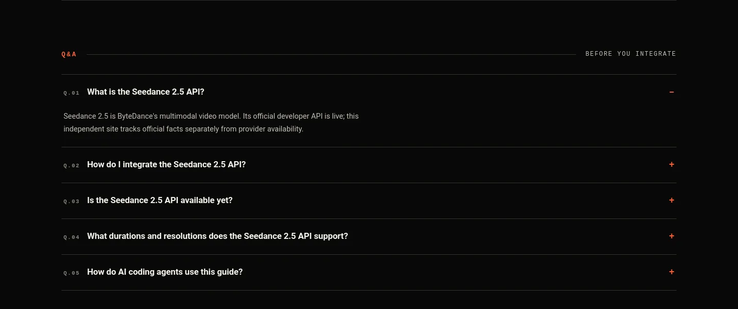 seedance25api.io — a real FAQ section