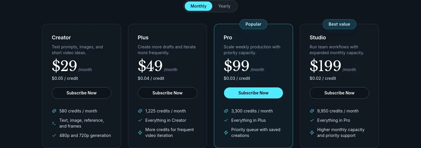 seedance25app.com — a real Pricing section