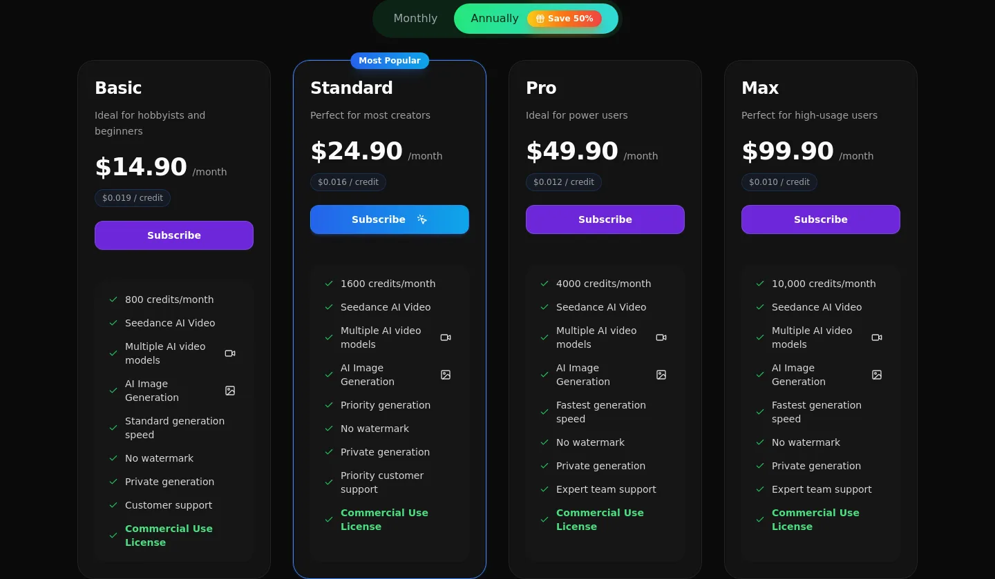 seedance3ai.ai — a real Pricing section