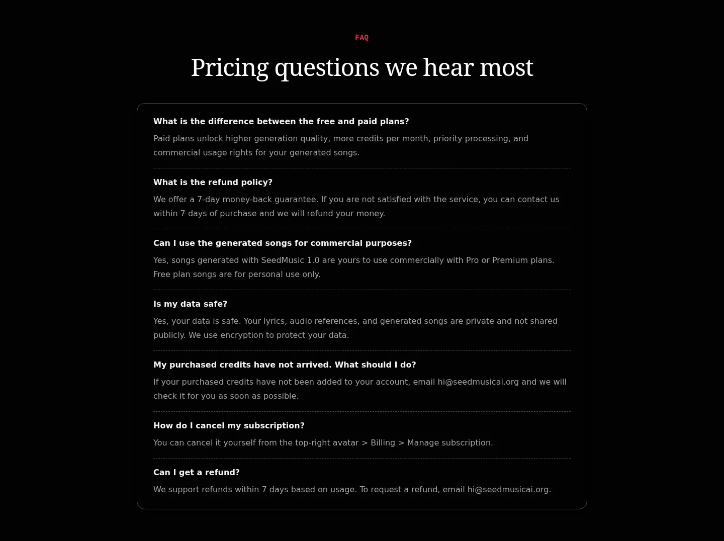 seedmusicai.org — a real FAQ section