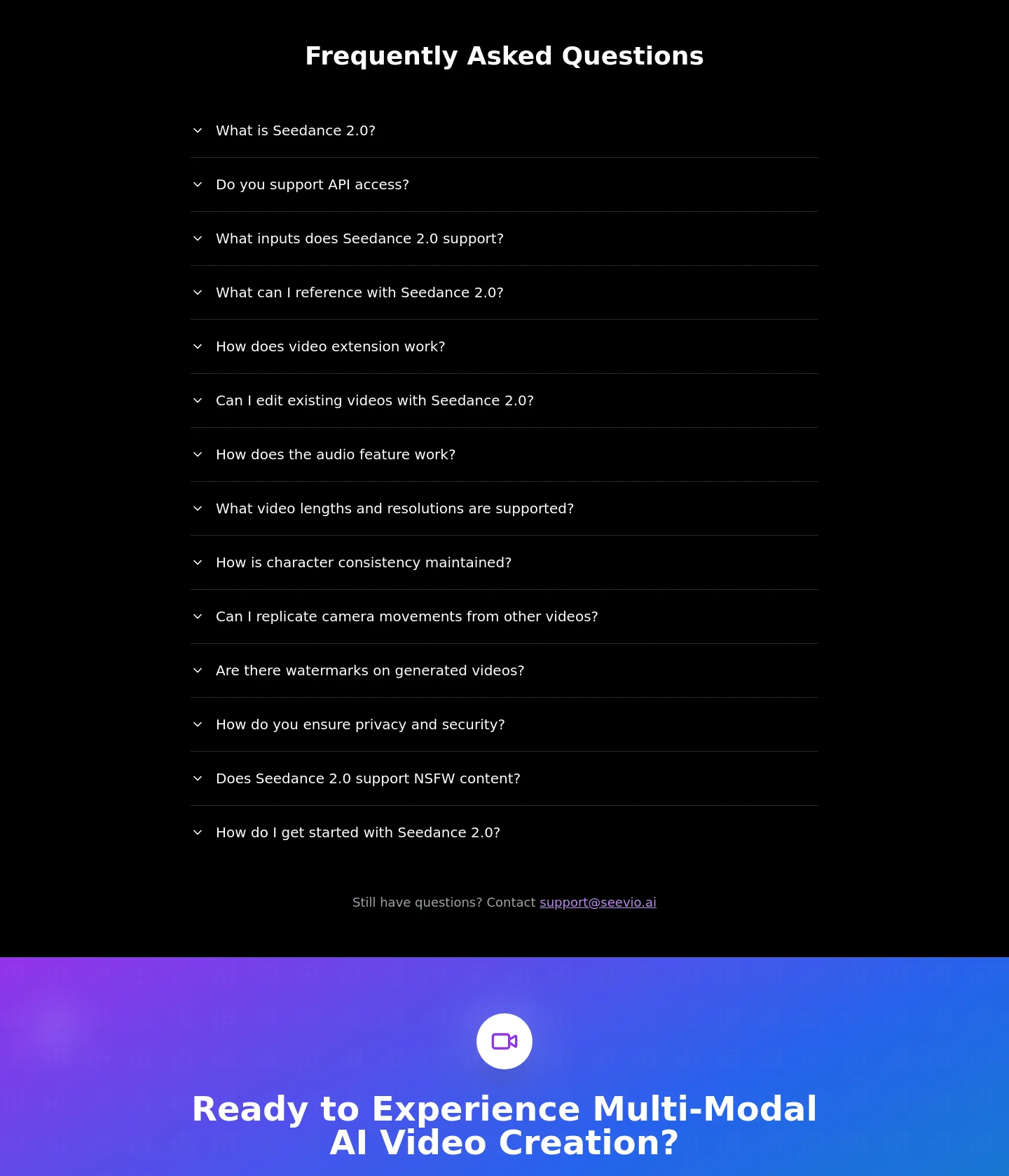 seevio.ai — a real FAQ section