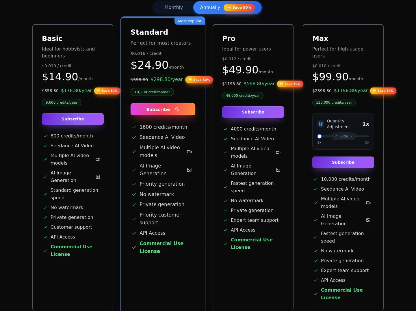 seevio.ai — a real Pricing section